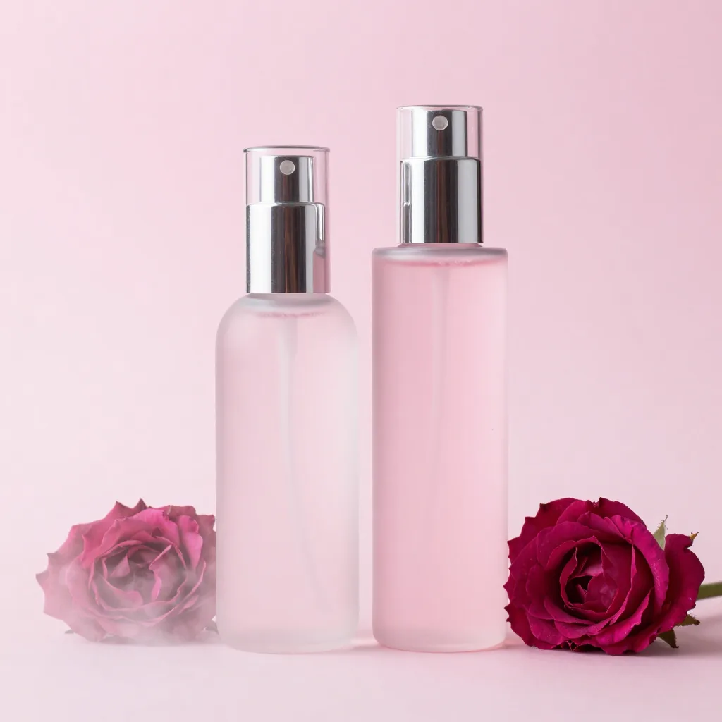 A rose water mist and pure rosewater duo on a light background
