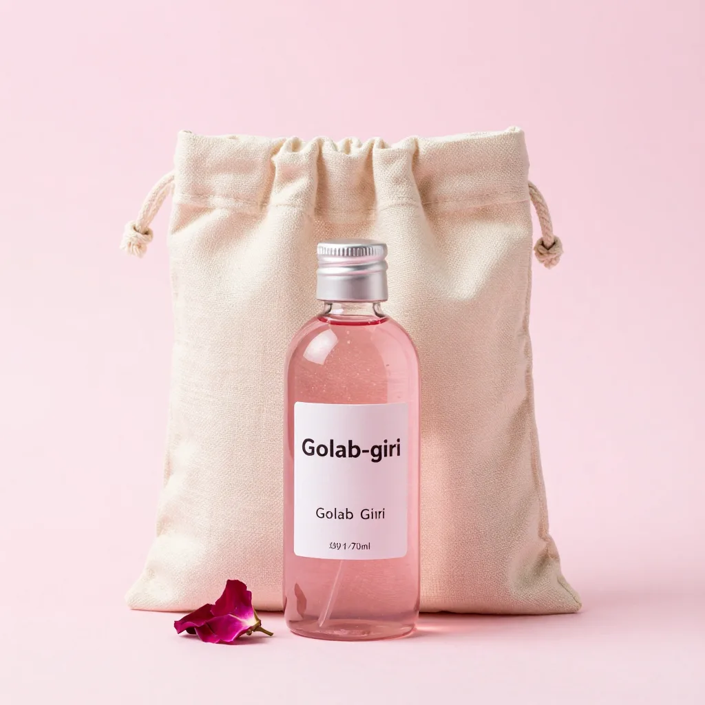 A Golab-giri set of rosewater in a linen bag on a light background
